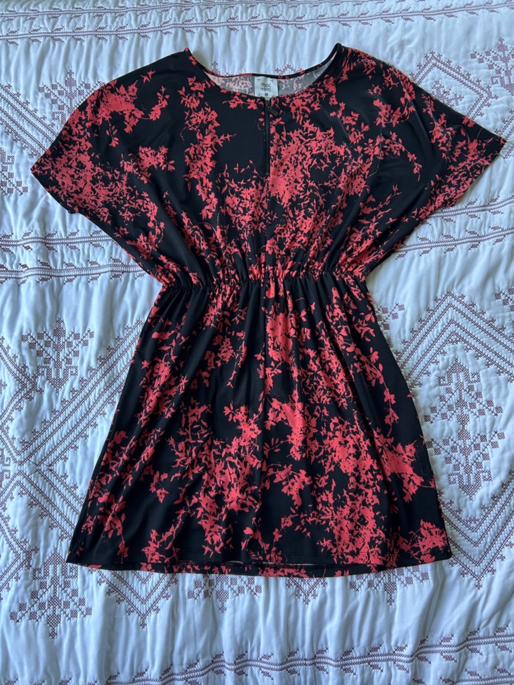 mac+jac Black Dress with Dark Coral Floral Print and Front Zip